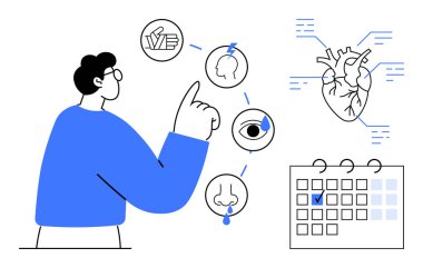 Kalp diyagramı ve takvimin yanında tat, koku, işitme ve görme duyusunu temsil eden duyusal simgeleri gösteriyorlar. Sağlık izleme, sağlık, teşhis, tıbbi bakım için ideal