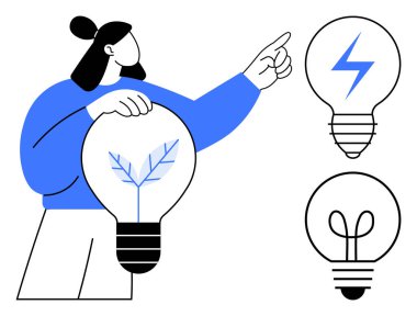 Elinde yaprak sembollü ampul tutan kişi güç ve yaratıcılık simgelerine sahip ampulleri işaret ediyor. Yenilik için ideal, sürdürülebilirlik, yenilenebilir enerji, çevre dostu çözümler, çevre kavramları