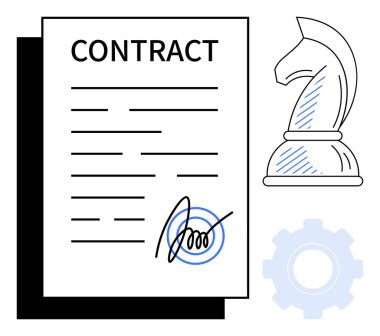 El yazısı imzalı sözleşme, stratejiyi temsil eden satranç şövalyesi ve işlevsellik için teçhizat. İş, ortaklık, müzakere, planlama, strateji yönetimi ekip çalışması için ideal. Düz