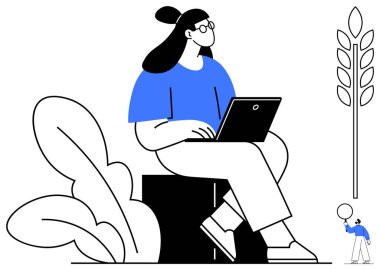 Dizüstü bilgisayarı olan bir kadın büyük yaprakların yanında oturuyor ve yanında balon tutan minyatür bir figürle buğday bitkisi ikonu taşıyor. Yaratıcılık, üretkenlik, tarım, teknoloji, denge, büyüme için ideal