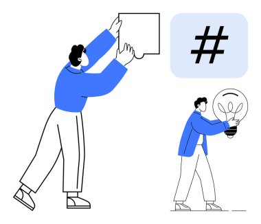 Birinde konuşma balonu tutan iki kişi, diğerinde ampul taşıyan, iletişimi, yaratıcılığı ve fikirleri simgeleyen iki kişi. Takım çalışması, beyin fırtınası, teknoloji, pazarlama tasarımı için ideal