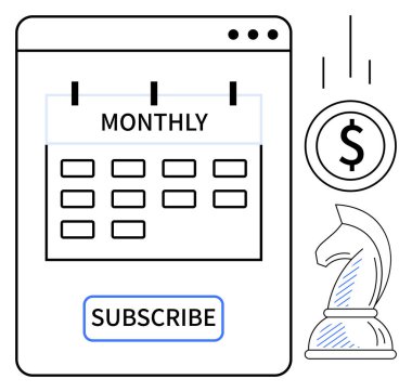 Abonelik düğmesi, dolar sembolü ve ödeme stratejisini, tekrarlayan planları ve hassas karar verme mekanizmasını vurgulayan satranç şövalyesi olan aylık takvim. Finans, iş, strateji ve planlama için ideal