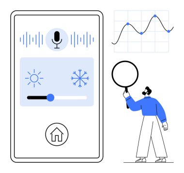 Sıcaklık kaydırıcıyla akıllı telefon arayüzü, ses komutu, ev ikonu, büyüteç, grafik. Akıllı yaşam, teknoloji, IoT, yenilikçi kullanıcı arayüzü yaşam tarzı için ideal basit