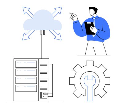 Oklarla sunucu raflarına bağlı bir bulut, panoyla analiz eden bir adam ve ingiliz anahtarlı bir dişli. Bulut teknolojisi, veri yönetimi, bilişim hizmetleri, sorun giderme, yenilik, yedekleme için ideal