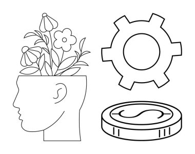 Çiçek açan insan kafası yaratıcılığı, yenilik teçhizatını ve maddi gelişimi simgeliyor. Kişisel büyüme, yenilik, başarı, ekonomi, yatırım, yaratıcılık için ideal basit