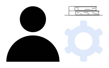 İnsan silueti, yapılandırma için teçhizat ve bilgiyi sembolize eden kitaplar. Eğitim, ağ, kullanıcı arayüzü, eğitim, teknoloji sektörü ve yönetim için ideal. Düz