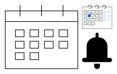 İşaretli tarihli büyük takvim, küçük takvim ekleme, bildirim zili. Planlama, planlama, teslim tarihleri, etkinlikler, zaman yönetimi hedefleri için ideal. Temiz düz basit metafor