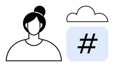 Bun saç stili olan minimalist kadın avatarı, üzerinde bulut olan mavi kare meta veri etiketi. Ağ oluşturma, sosyal medya, iletişim, teknoloji, kullanıcı arayüzü, basit dijital kimlik için ideal