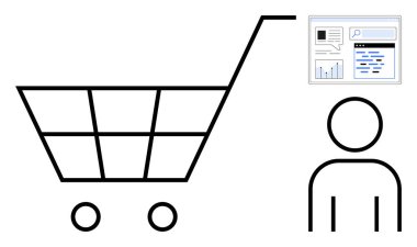 Alışveriş arabası, insan figürü ve arama çubuğu ve analizlerle dijital arayüz e-ticaret, dijital pazarlama, çevrimiçi alışveriş, iş stratejisi, kullanıcı deneyimi, veri analizi temsil etmektedir.