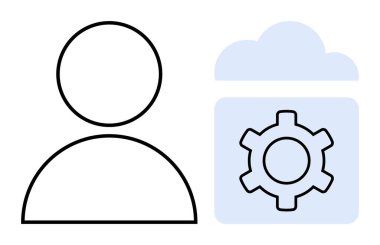 Bulut simgesinin yanında teçhizat sembollü kişi avatarı, kullanıcı profili kurulumu, bulut yönetimi ve sistem yapılandırmasını temsil ediyor. Teknik destek, yazılım araçları, bulut hizmetleri, veri depolama için ideal