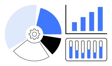 Veri görselleştirmesini, analitiği, iş stratejisini, büyümeyi ve performansını temsil eden pasta grafiği, çubuk grafik ve vites simgesi. İş sunumu için ideal, finansal rapor kurumsal tasarım