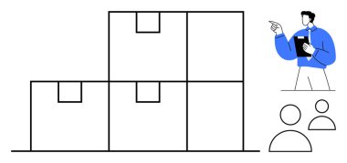 Yığılmış karton kutular, iki takım üyesine rehberlik eden bir yönetici. Lojistik, tedarik zinciri, takım çalışması, envanter, depo yönetimi, denetim dairesi metaforu için ideal