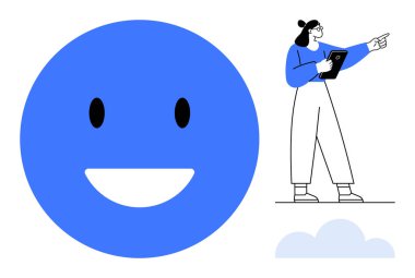 Tableti tutarken profesyonel figürün yanında gülümseyen büyük bir yüz. İletişim, takım çalışması, pozitiflik, rehberlik, teknoloji, motivasyon, minimalist tasarım, basit iniş sayfası