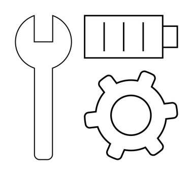 Anahtar, dişli ve pil taslak temsil araçlar, bakım, enerji, işlemler, geliştirme ve işlevsellik. Teknoloji endüstrisi için ideal mühendislik enerji yeniliği