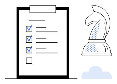 Bir satranç şövalyesinin yanında işaretli görevleri olan kontrol listesi, stratejiyi, organizasyonu ve öncelikleri sembolize ediyor. Planlama, liderlik, hedefler, üretkenlik, karar verme başarısı için idealdir.