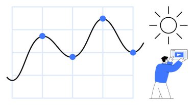 Adam tablet üzerindeki veri videosu ile mavi noktalar ve güneş ikonu ile dalgalı grafiğin yanında etkileşir. Analiz, büyüme, tahmin, strateji, istatistik, eğitim için ideal, basit iniş sayfası