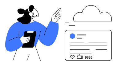 Elinde pano olan bir kadın, sosyal medya kartıyla bulutu işaret ediyor. Veri yönetimi, bulut depolama, sosyal medya, dijital pazarlama, takım çalışması, yapay zeka, basit iniş sayfası