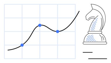 Şebeke üzerindeki mavi noktalı yükselen çizgi grafiği ve şövalye taşı stratejiyi, büyümeyi, veri eğilimlerini ve analizi sembolize eder. İş için ideal, strateji, başarı, trendler analitik liderlik. Düz basit