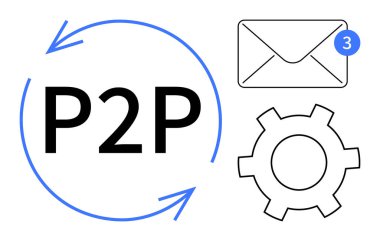 Oklarla çevrili kalın P2P metni, sistem işlevlerini simgeleyen dişli, uyarı baloncuklu e-posta. Teknoloji, iletişim, ağ, işbirliği, sistem güncellemeleri, süreç için ideal