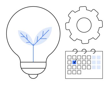 İçinde bitki bulunan ampul, dişli ve işaretli takvim sürdürülebilir ilerlemeyi, çevre dostu fikirleri, üretkenlik, yenilik, planlama, verimlilik ve gelişimi sembolize ediyor. Strateji için ideal