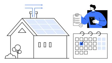 Güneş panelleri olan ev enerjiyi yakalıyor, kontrol listesi ve tableti olan birey, takvim tarihi vurguluyor. Sürdürülebilirlik, yenilenebilir enerji, verimlilik, teknoloji ve yönetim için ideal