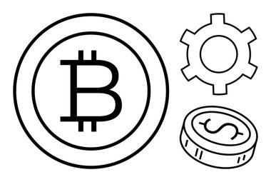 Bitcoin logosu, vites ve dolar para ana hatları kripto para birimi, engelleme zinciri ve finansal işlemleri vurguluyor. Fintech, engelleme zinciri, kripto ticareti, yenilik teknolojisi finansmanı için ideal