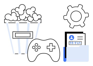 Patlamış mısır kovası, oyun kumandası, teçhizat ve klasör medya, eğlence, oyun, ayar ve organizasyonu sembolize ediyor. Video oyunu için ideal konseptler eğlence merkezleri verimlilik