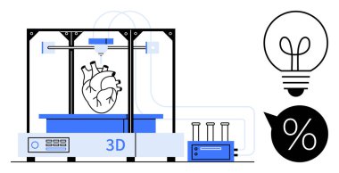 3D yazıcı, ampul ve yüzde simgeleriyle çevrili gerçekçi bir kalp modeli yaratıyor. Teknoloji, sağlık, bilim, tıp, yenilik, araştırma, eğitim dairesi için ideal basit bir metafor