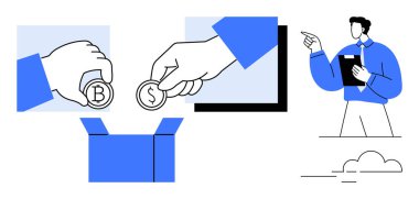 İki el şifreli para ve geleneksel para birimini profesyonel bir sunucunun işaret ettiği bir kutuya koyuyor. Bağışlar, kitle fonlama, yatırımlar, para birimi, finans, sunumlar için ideal