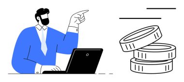 Takım elbiseli iş adamı dizüstü bilgisayar kullanıyor ve istiflenmiş madeni paralara işaret ediyor, finans, zenginlik veya yatırım fikirlerini vurguluyor. İş, strateji, liderlik, ekonomi ve finans için ideal.