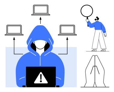 Kapüşonlu bilgisayar korsanı uyarı simgesi, ağ dizüstü bilgisayarı, büyüteç ve dua eden eller kullanıyor. Siber güvenlik, çevrimiçi güvenlik, hackleme, veri koruması, casusluk bilinçlendirme kampanyaları için ideal