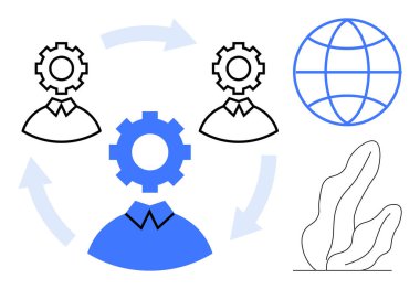 Vites simgeleri, küresel ağı sembolize eden küresel element, ok işleme ve soyut fabrika aracılığıyla birbirine bağlı iş adamları. Takım çalışması, ağ oluşturma, işbirliği, iş akışı, süreç için ideal