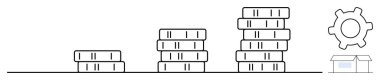 Kademe kademe madeni para yığınları vites yükseltir ve finansal büyümeyi simgeleyen küçük kutular. Finans, tasarruf, yatırım, iş operasyonları, lojistik, ilerleme ve strateji için ideal. Düz basit metafor