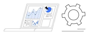 Analiz, grafikler, pasta grafiği ve ayarların yanında veri görselleri olan dizüstü bilgisayar ekranı. Veri analizi, iş görüşleri, raporlar, strateji, optimizasyon teknolojisi araçları için ideal basit iniş araçları