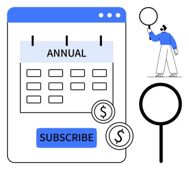 Abonelik düğmesi ve ödeme için dolar işaretleri olan yıllık takvim. Balon tutan kişi, büyüteç. Abonelik planları, finans, e-ticaret, pazarlama, arama, basitlik sadeliği için ideal