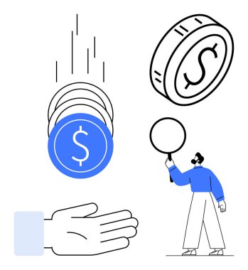 Bozuk paralar açık el, iş adamı konsepti büyüteçle analiz ediyor. Finans, yatırım, tasarruf, ekonomi, bankacılık, krediler, basit bir iskele sayfası için ideal