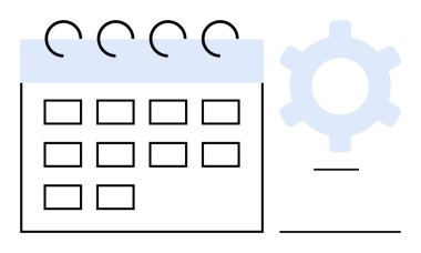 Bobin kapaklı takvim ızgarası, yan çizim ayarları, organizasyon ve üretkenlik araçları ile dişli simgesi. Planlama, zaman yönetimi, takım çalışması, yapılandırma, iş akışı gündemi için ideal basit