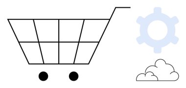 Çevrimiçi alışveriş, işbirliği ve teknoloji entegrasyonunu temsil eden basitleştirilmiş alışveriş arabası, vites ve bulut grafikleri. E-ticaret, perakende, bulut hesaplama, otomasyon lojistik teknolojisi için ideal