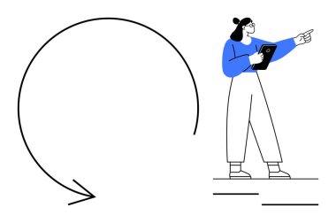 Elinde tablet tutan bir kadın, büyük dairesel bir okun yanında. Takım çalışması, süreç, planlama, strateji, rehberlik, organizasyon, iş akışı ve basit bir iniş sayfası için ideal