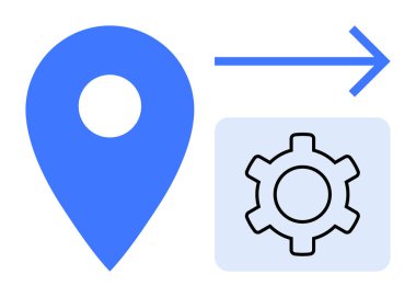 Mavi lokasyon iğnesi, ileri ok ve seyir, ayarlar, optimizasyon, yön ve işlem kontrolünü temsil eden vites simgesi. Haritalar için ideal, teknoloji iş akışı yönetim sistemleri basit iniş