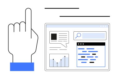Ekranı arama kutusu, mesaj baloncukları ve çizgi grafiğiyle gösteren el işaretleri. Teknoloji, veri analizi, yenilik, UX tasarımı, çevrimiçi araştırma, dijital öğrenme basit iniş sayfası için ideal