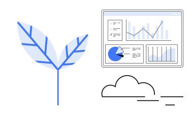 Büyümeyi sembolize eden bitki, analitik gösterge paneli veri ve grafikleri gösteren bulut elementleri yeniliği işaret ediyor. Sürdürülebilirlik, eko-ticaret, veri güdümlü strateji, büyüme, çevre ve modern için ideal