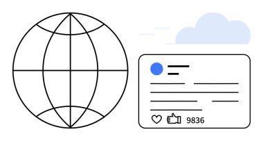 Sosyal medya paylaşımının yanındaki küresel illüstrasyonda başparmaklar ve yorumlar. Ağ oluşturma, küresel sosyal yardım, iletişim, dijital pazarlama, çevrimiçi varlık, sosyal medya, basit iniş için ideal