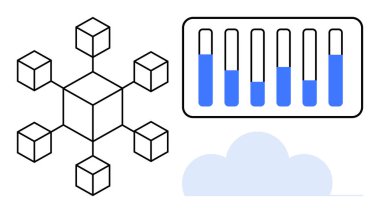 Veri çubuğu metrikleri ve bulut simgesi olan bir panelin yanında birbirine bağlı küplerden oluşan bir ağ. Analiz, bulut hesaplama, ağ sistemleri, veri görselleştirme, bilgi paylaşımı, sistem için ideal