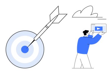 Ok merkezli Bullseye ve tablette video içeriği tutan kişi. Pazarlama, strateji, odaklanma, başarı, üretkenlik, hedef belirleme, basit iniş sayfası için ideal