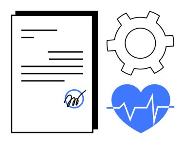 Üzerinde imza, vites simgesi ve kalp atışı sembolü olan bir belge. İş, anlaşma, süreç, sağlık, sözleşme yönetimi, takım çalışması için ideal basit iniş sayfası