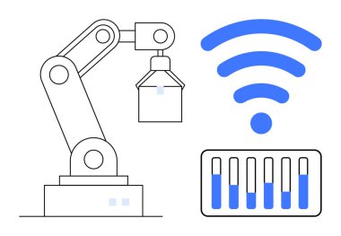 Robot kol, kablosuz sinyal, endüstriyel otomasyonu vurgulayan kontrol arayüzü. İOT, robotik, yenilik, fabrika, imalat, teknoloji için ideal basit iniş sayfası