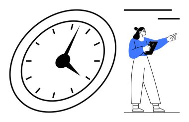 Tablet tutan ve ileriyi gösteren bir kadının yanında koyu siyah çizgileri olan dev bir saat. Zaman yönetimi, üretkenlik, odaklanma, planlama, hedefler, takım çalışması, basit iniş sayfası için ideal