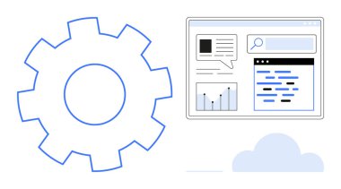 İşlem optimizasyonu için vites ve grafikleri, arama çubuğunu ve sohbet baloncuğunu gösteren bir web tarayıcı penceresi. Veri analizi, işlem otomasyonu, dijital pazarlama, yazılım arayüzü için ideal