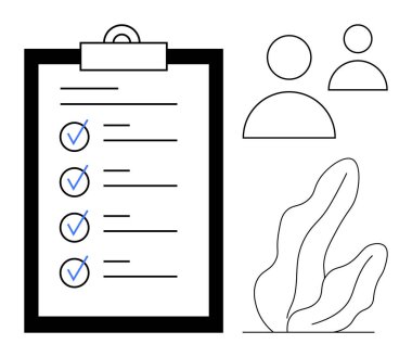 Panoda mavi kontrol işaretleri olan görev listesi, işbirliğini temsil eden kullanıcı simgeleri ve soyut bitki illüstrasyonu. Üretkenlik, takım çalışması, görev tamamlama, proje yönetimi için ideal